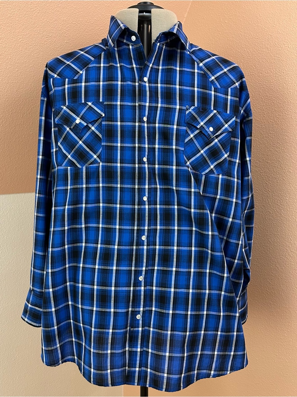 Plains Western Pearl Snap Shirt Mens 3X Blue Plaid Long Sleeve Cowboy Rodeo